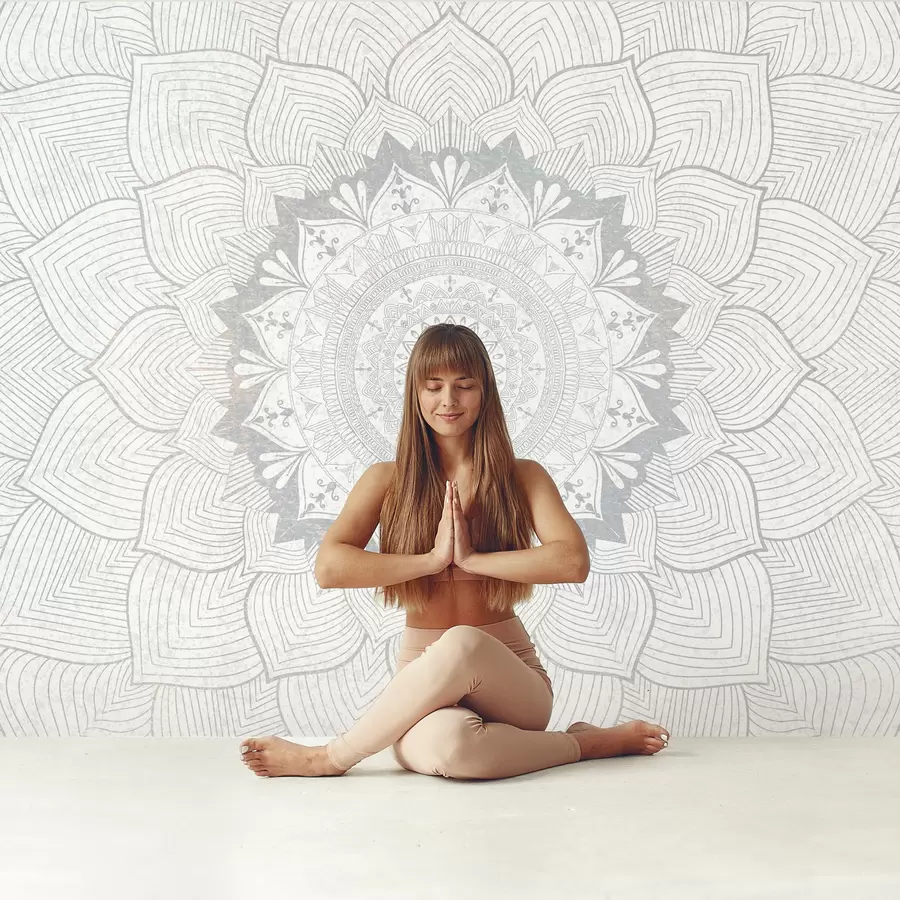 carta da parati Mandala rotondo, carta da parati per lo spazio yoga o per armonizzare lo spazio personale. Mandala murale in tonalità grigie su sfondo eterogeneo strutturato nr. w01088v2