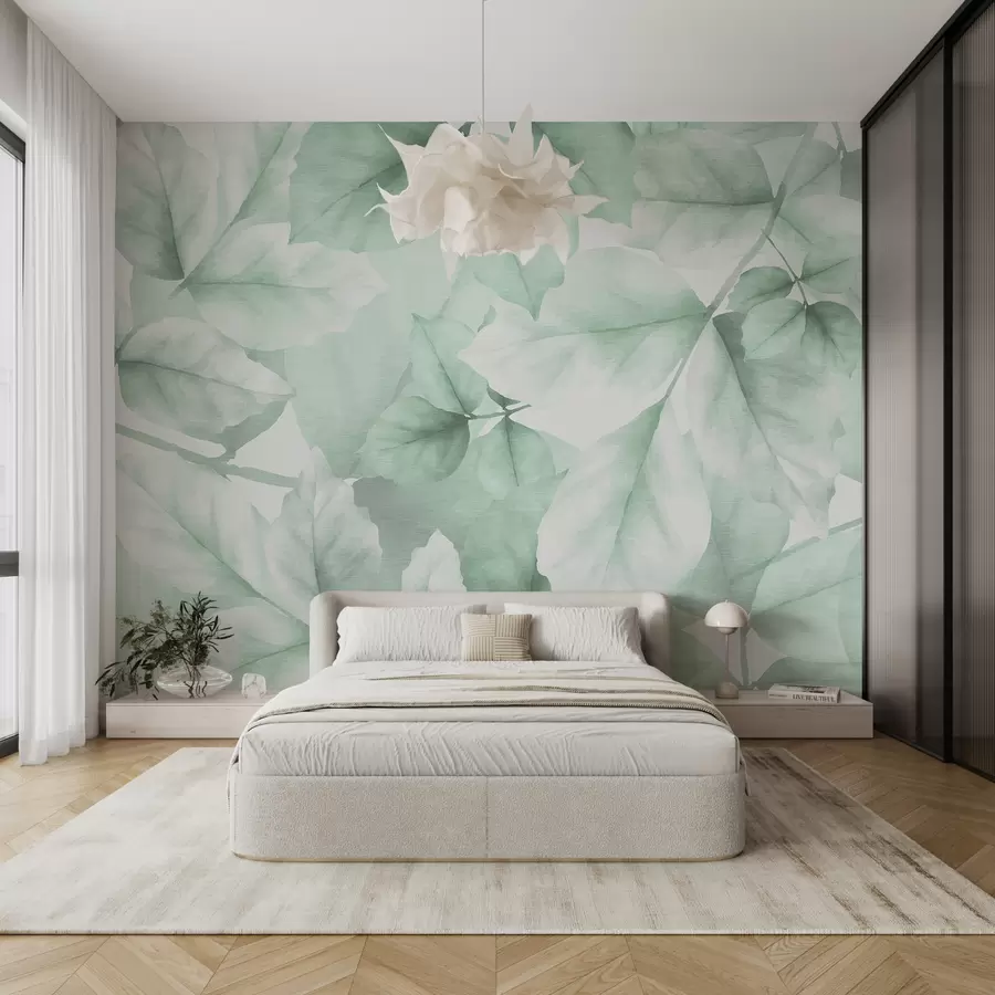 carta da parati Carta da parati strutturata con grandi foglie nei toni pastello del verde nr. w01090v3