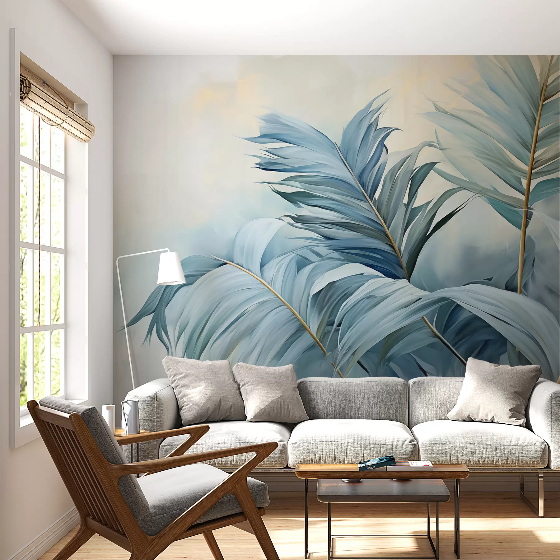 Carta da parati Foglie 3D Foglie di palma blu contro la nebbia