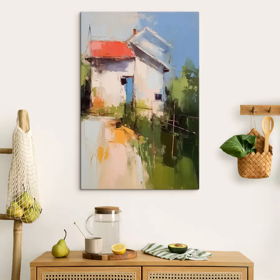 carta da parati Paesaggio astratto casa dal giardino, rosso, blu, verde, giallo colore nr. s40689