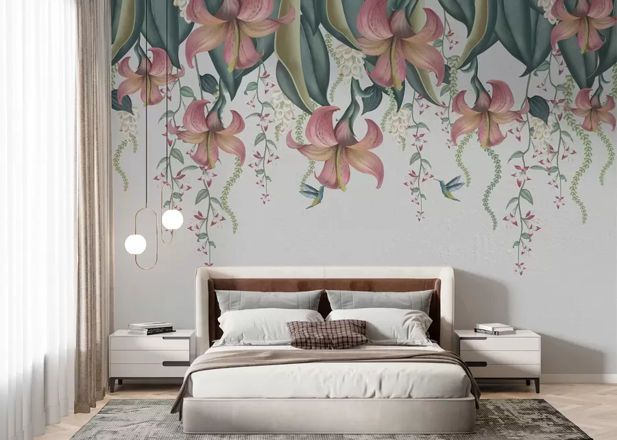 Carta da parati 3D Fiori Delicato motivo botanico con gigli penduli, fiori e colibrì su una parete chiara n. w01523v1