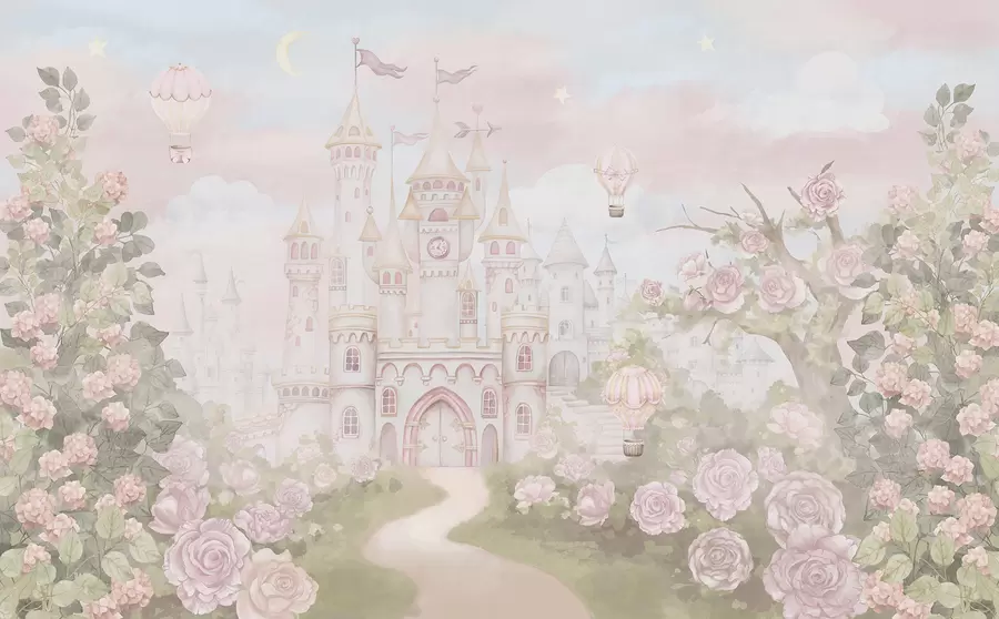 Carta da parati con rose Castello magico con grandi fiori e alberi n. w01524