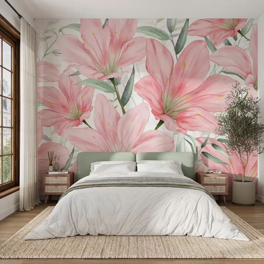 Carta da parati Floreale Grandi gigli e foglie rosa pallido in stile acquerello su sfondo bianco n. w01121