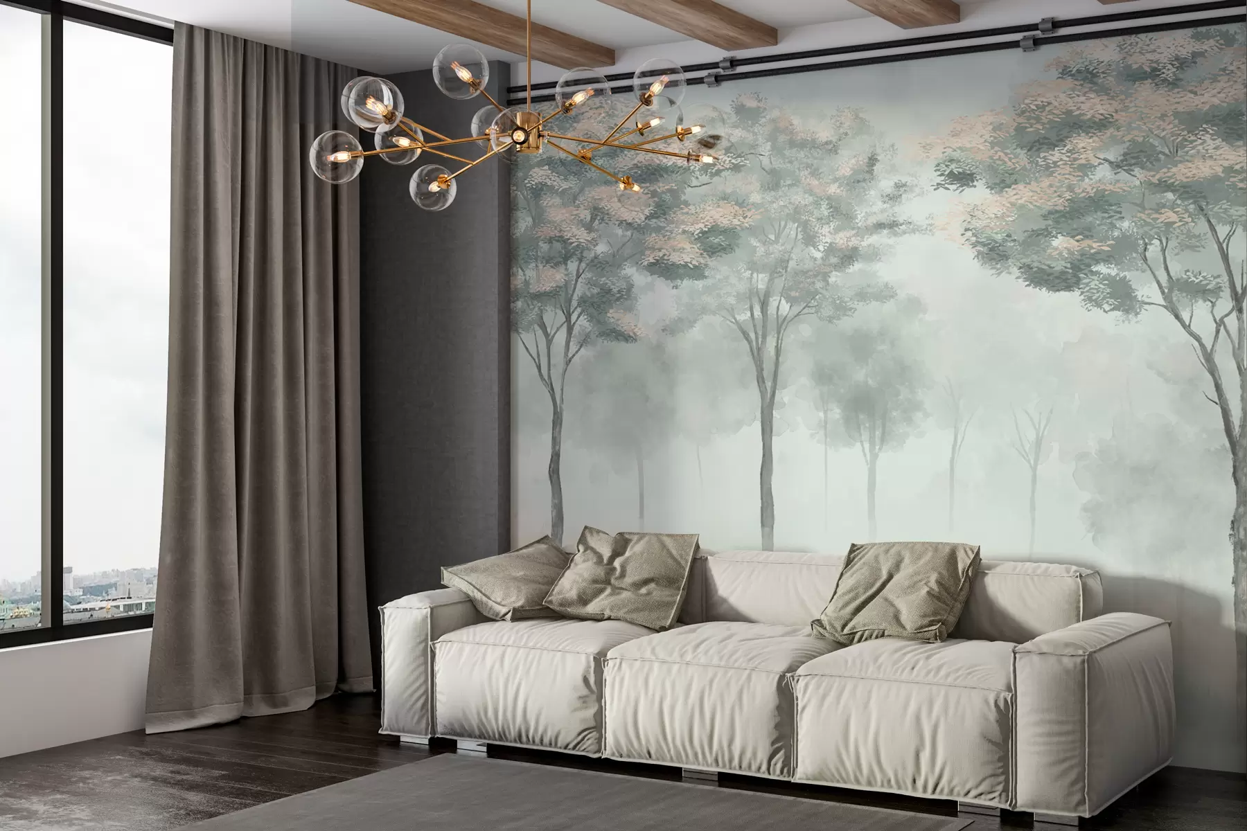 Carta da parati nature Silhouette di foresta nebbiosa nei colori verde, grigio chiaro e beige 