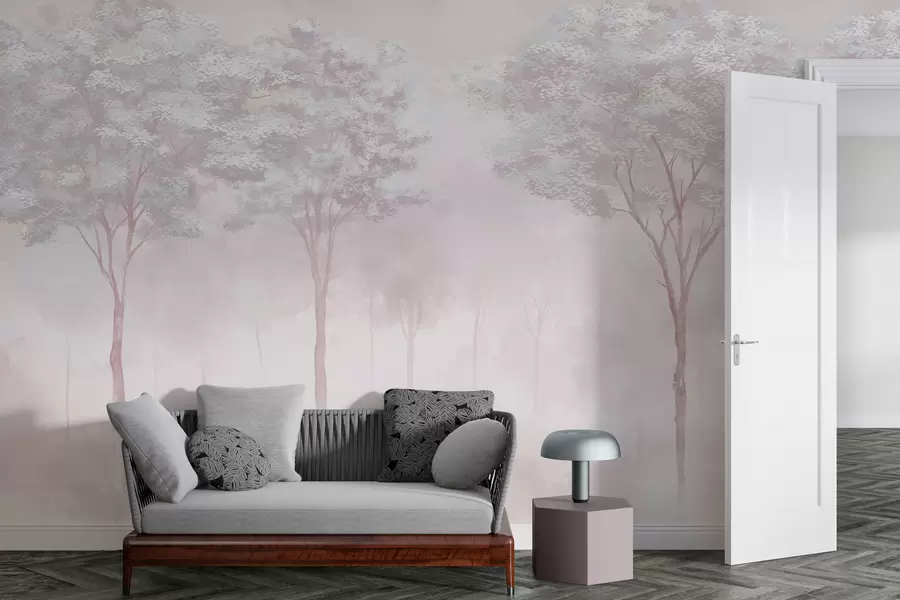 Carta da parati nature Silhouette di foresta nebbiosa in colore rosa tenue 