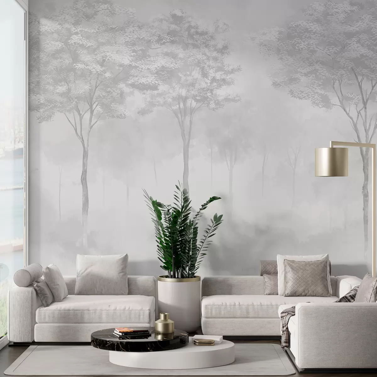 carta da parati Silhouette di foresta nebbiosa in colore grigio nr. w01599v5