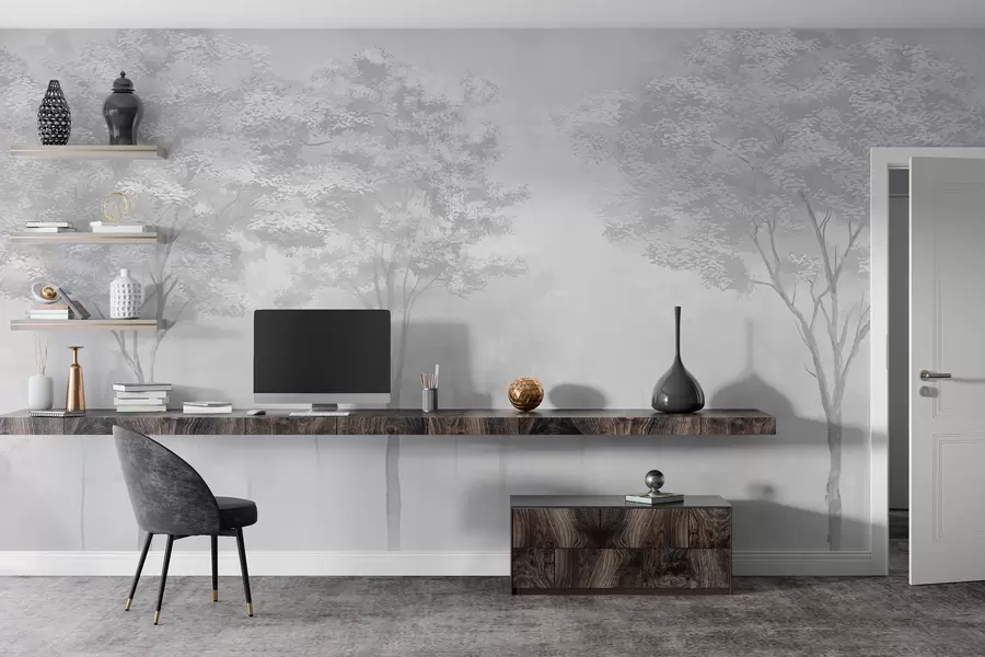 Carta da parati Foresta Nebbiosa Silhouette di foresta nebbiosa in colore grigio n. w01599v5