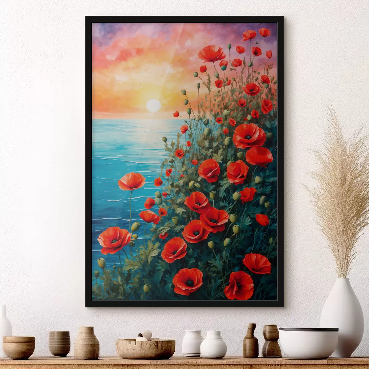 Poster Papaveri in fiore sullo sfondo del mare f40637
