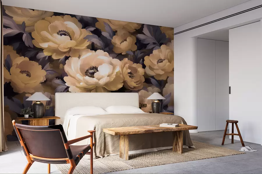 Carta da parati Floreale Stile di pittura a olio floreale basato sul colore beige e viola n. w01581