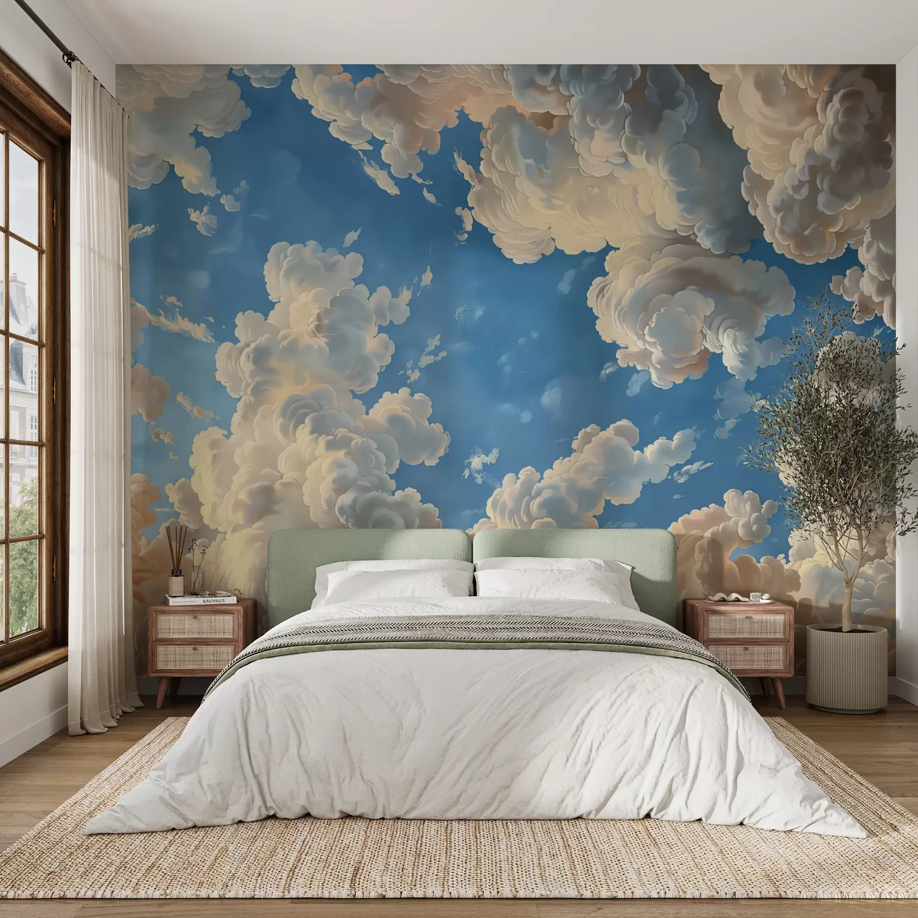 Carta da parati Cielo Nuvole svolazzanti nei toni caldi del crema, del pesca tenue e pallido, sullo sfondo di un cielo blu intenso e vibrante n. w01583