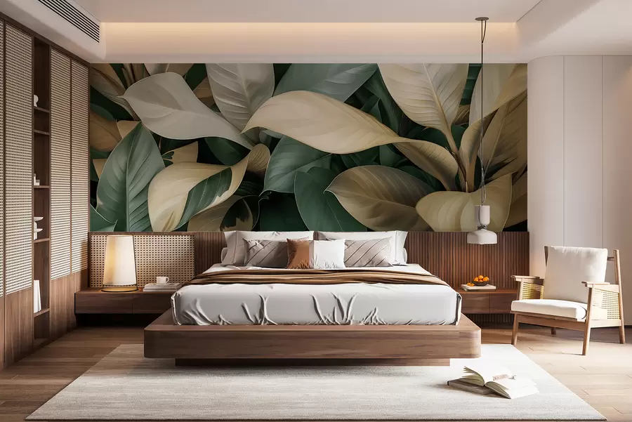 Carta da parati Foglie 3D Grandi foglie tropicali nei colori verde e beige
