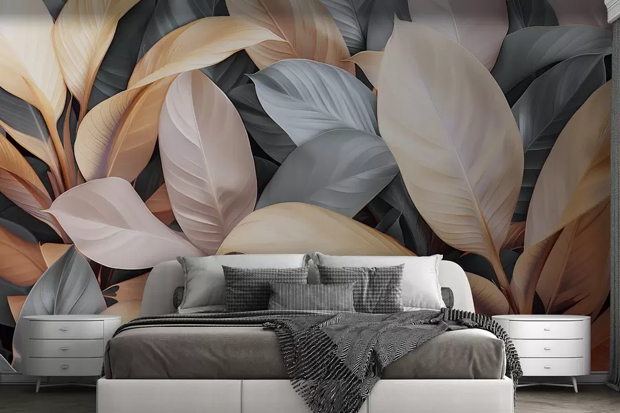 Carta da parati Foglie 3D Grandi foglie tropicali nei colori blu e beige