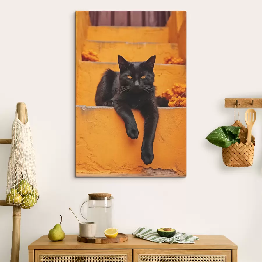 carta da parati Un gatto nero giace su gradini gialli nr. s40798