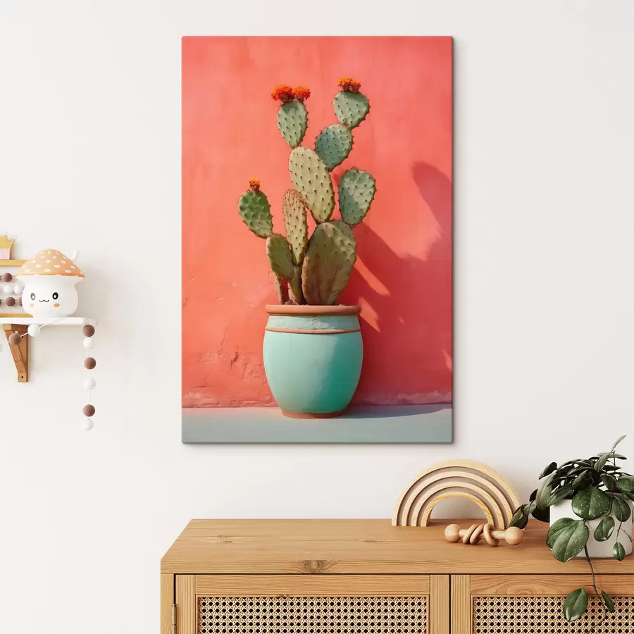 carta da parati Cactus in un vaso chiaro su una parete rosa rossa nr. s40800