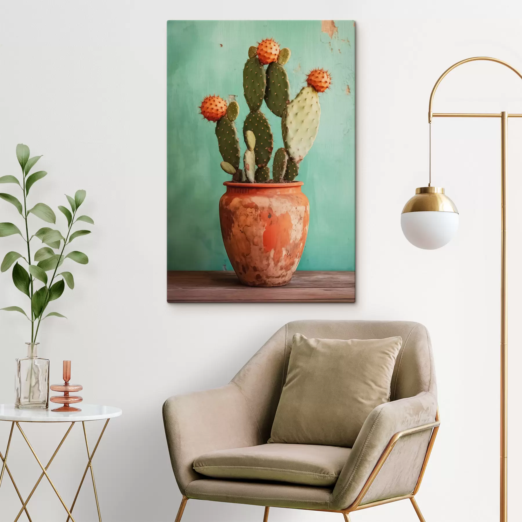 carta da parati Cactus in un vecchio vaso di terracotta su una parete blu-verde nr. s40807