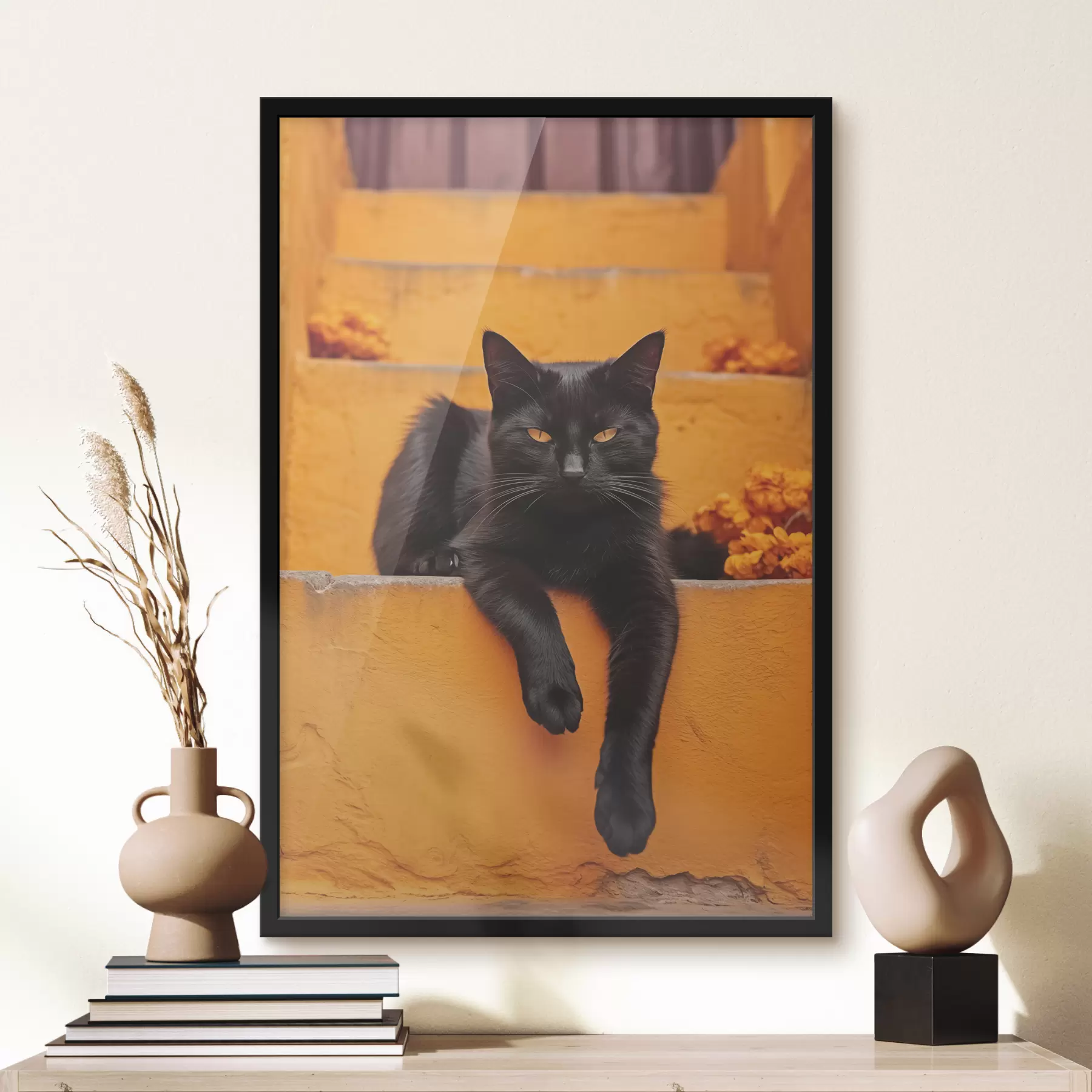 carta da parati Un gatto nero giace su gradini gialli nr. f40798