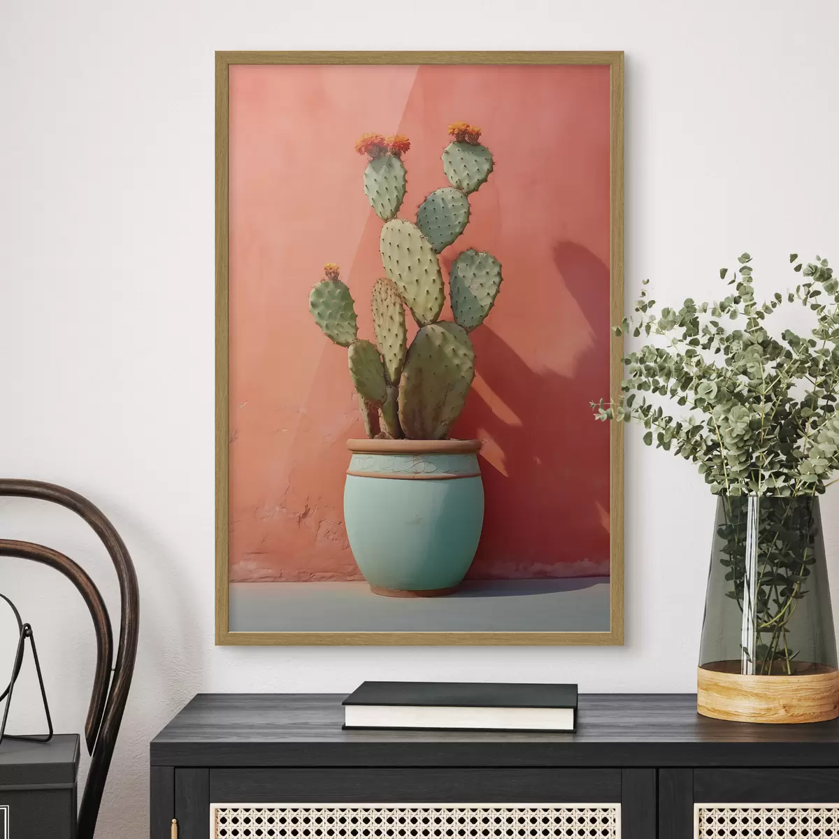 Poster Cactus in un vaso chiaro su una parete rosa rossa f40800