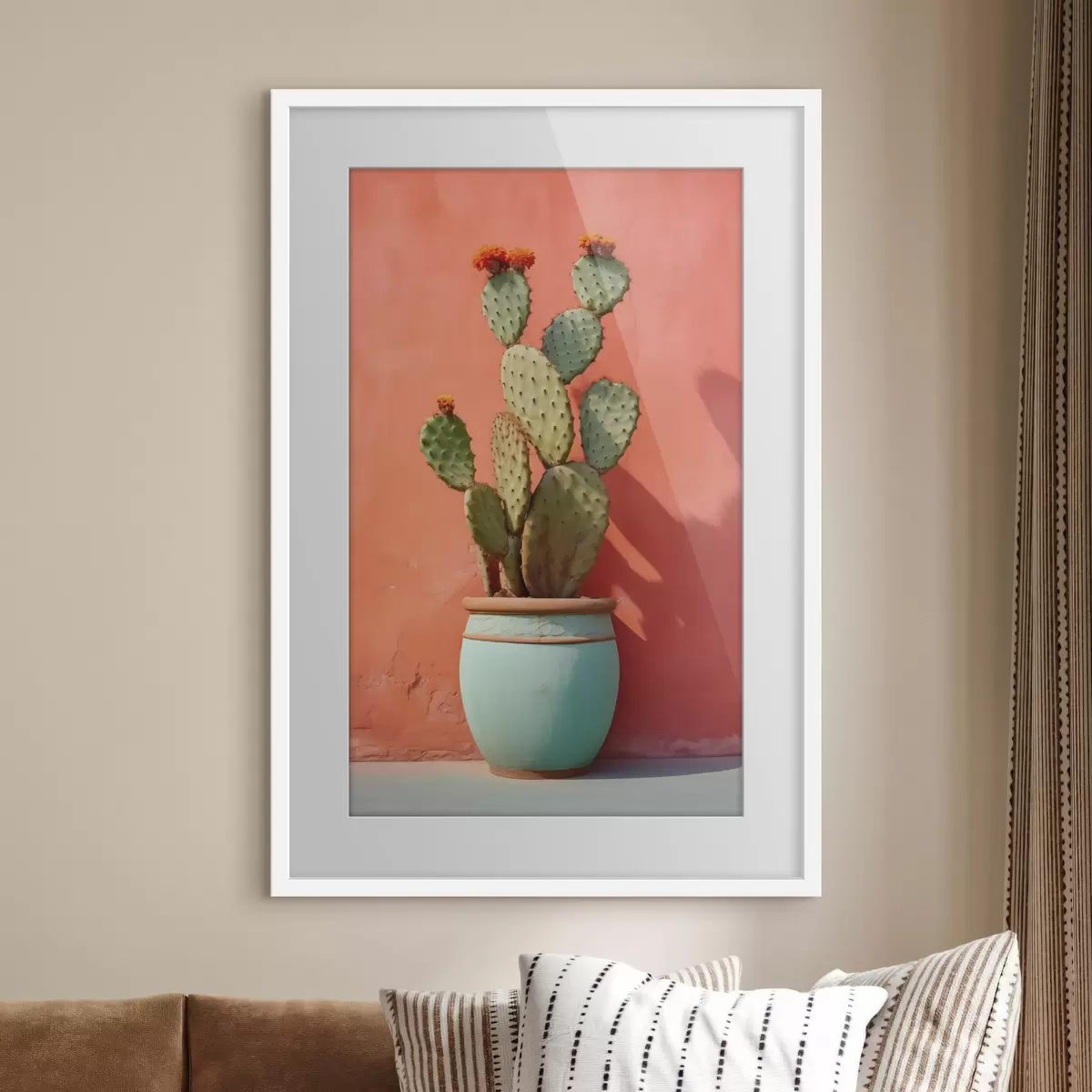 Poster Cactus in un vaso chiaro su una parete rosa rossa f40800