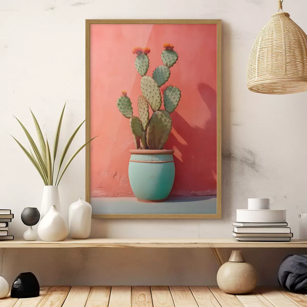 Poster Cactus in un vaso chiaro su una parete rosa rossa f40800