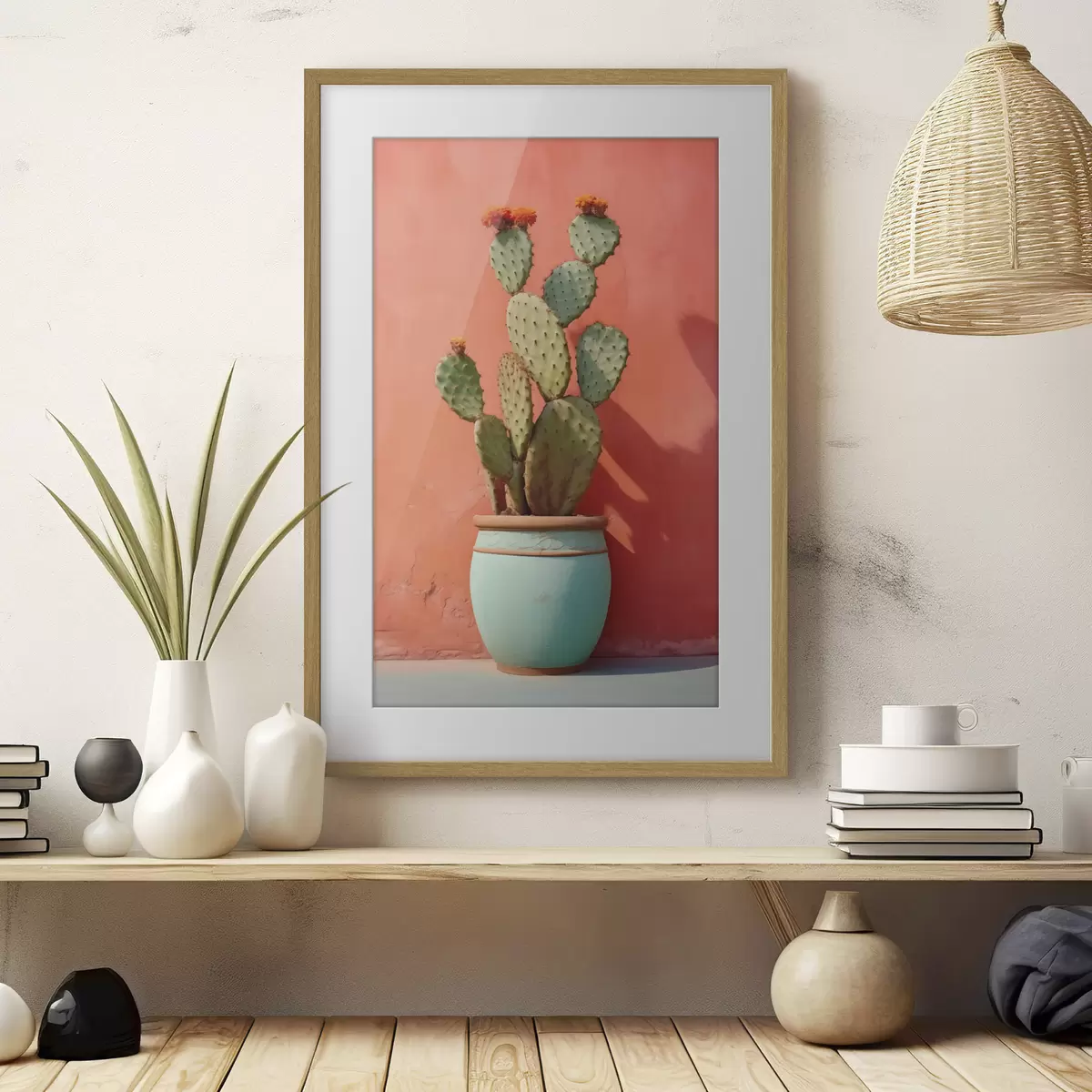 Poster Cactus in un vaso chiaro su una parete rosa rossa f40800