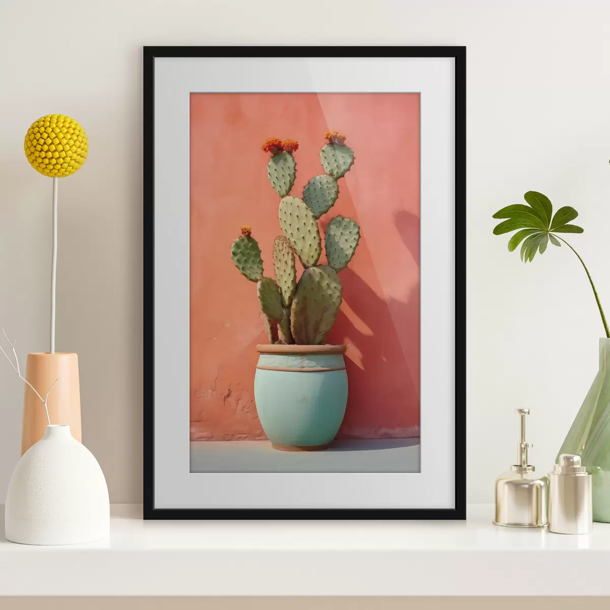 Poster Cactus in un vaso chiaro su una parete rosa rossa f40800