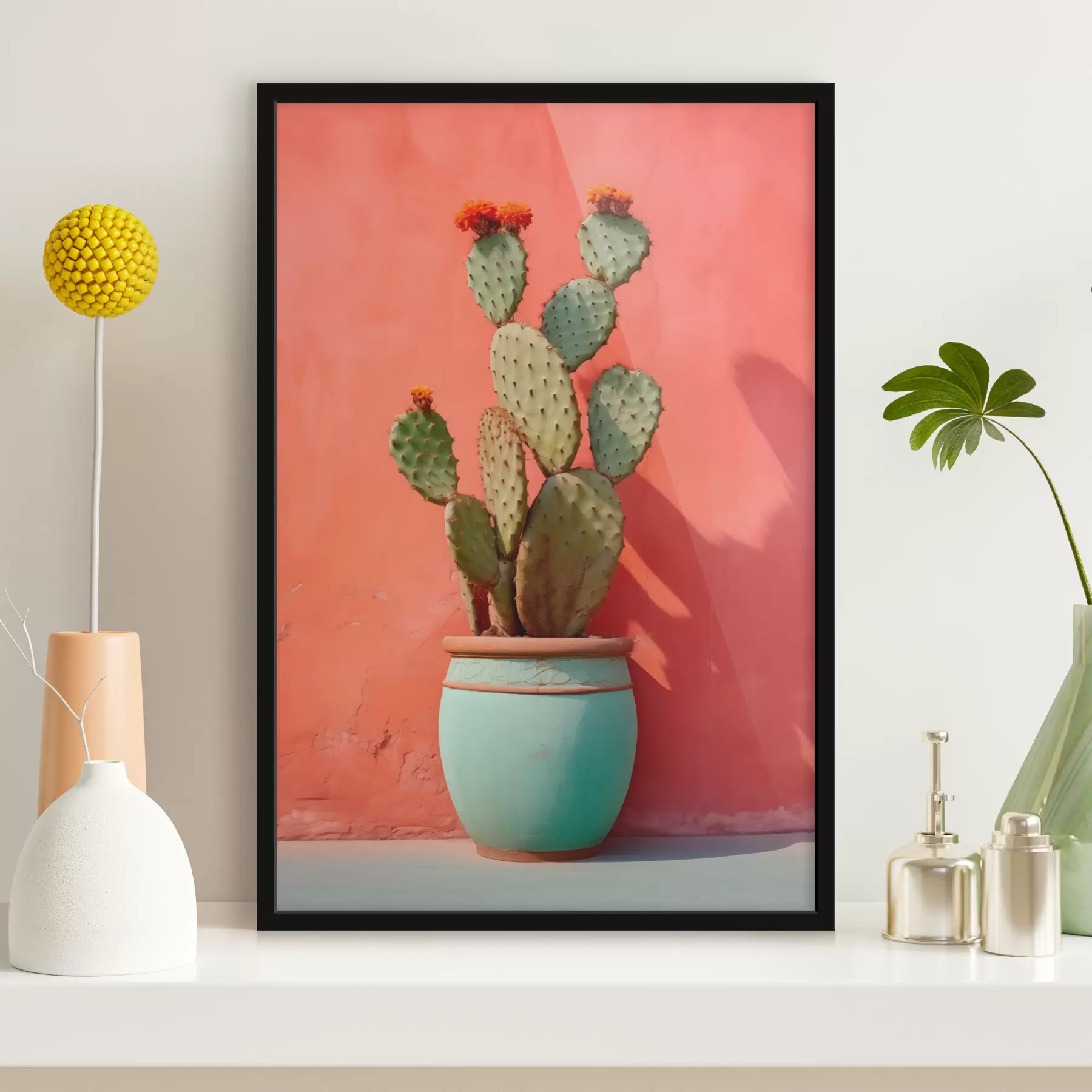 carta da parati Cactus in un vaso chiaro su una parete rosa rossa nr. f40800