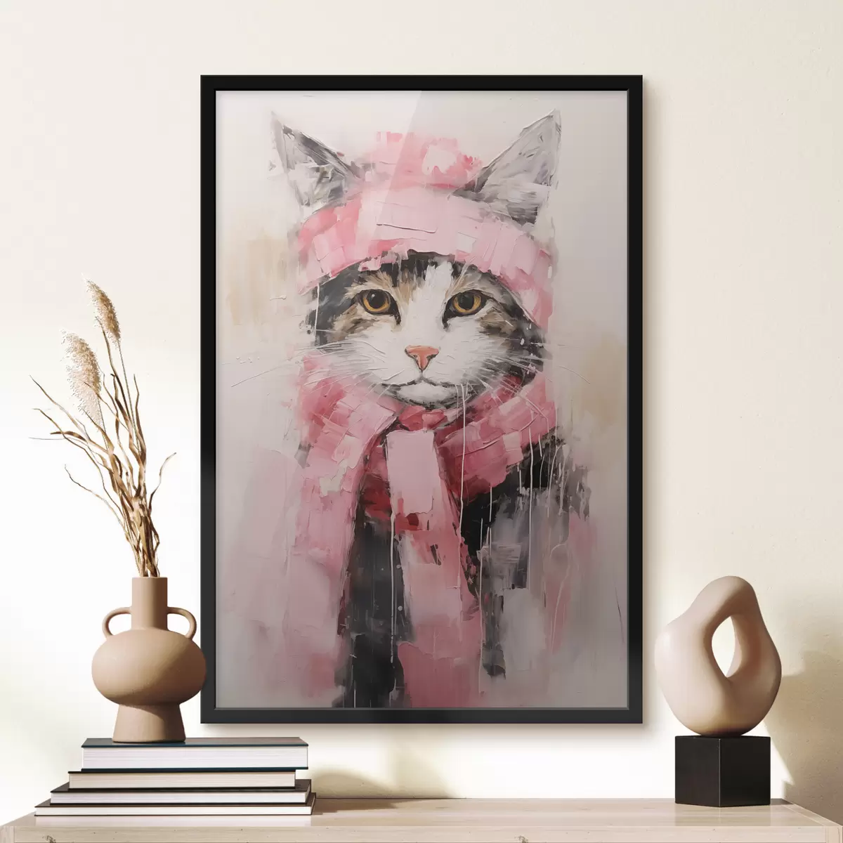 Poster Gatto nero grigio con cappello e sciarpa rosa f40801