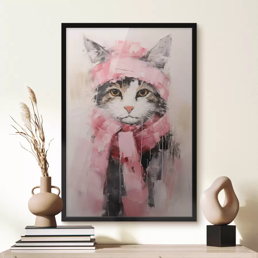 carta da parati Gatto nero grigio con cappello e sciarpa rosa nr. f40801