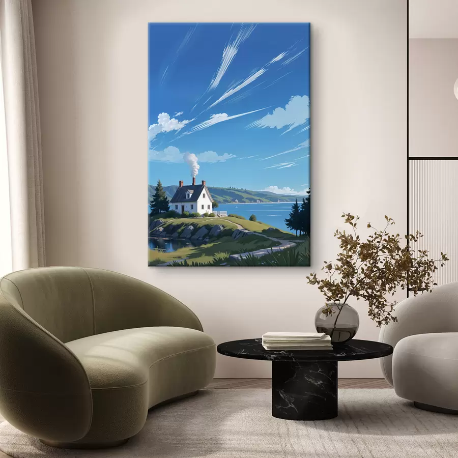 carta da parati Una casa bianca su una collina erbosa con le montagne sullo sfondo e un cielo blu con nuvole a batuffolo nr. s40587