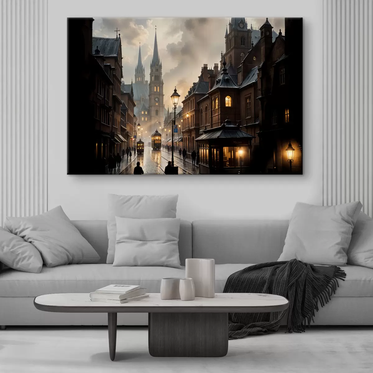 carta da parati Una serata piovosa in una vecchia città europea, con strade di ciottoli, edifici storici e un tram in transito nr. s40604