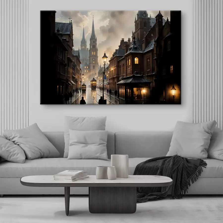 carta da parati Una serata piovosa in una vecchia città europea, con strade di ciottoli, edifici storici e un tram in transito nr. s40604