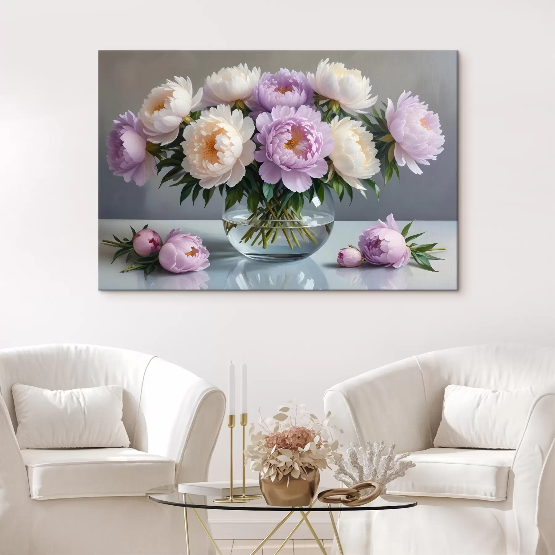 carta da parati Un bouquet di grandi e rigogliosi fiori di peonia bianchi e rosa in un vaso di vetro su sfondo grigio nr. s40610
