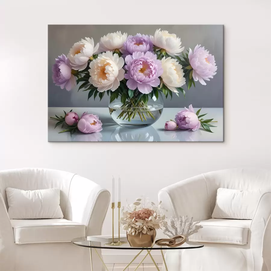 carta da parati Un bouquet di grandi e rigogliosi fiori di peonia bianchi e rosa in un vaso di vetro su sfondo grigio nr. s40610