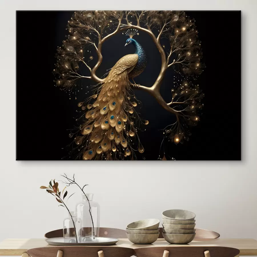 carta da parati Un pavone dalle vivaci piume appollaiato su un ramo su uno sfondo scuro con alberi luminosi nr. s40612