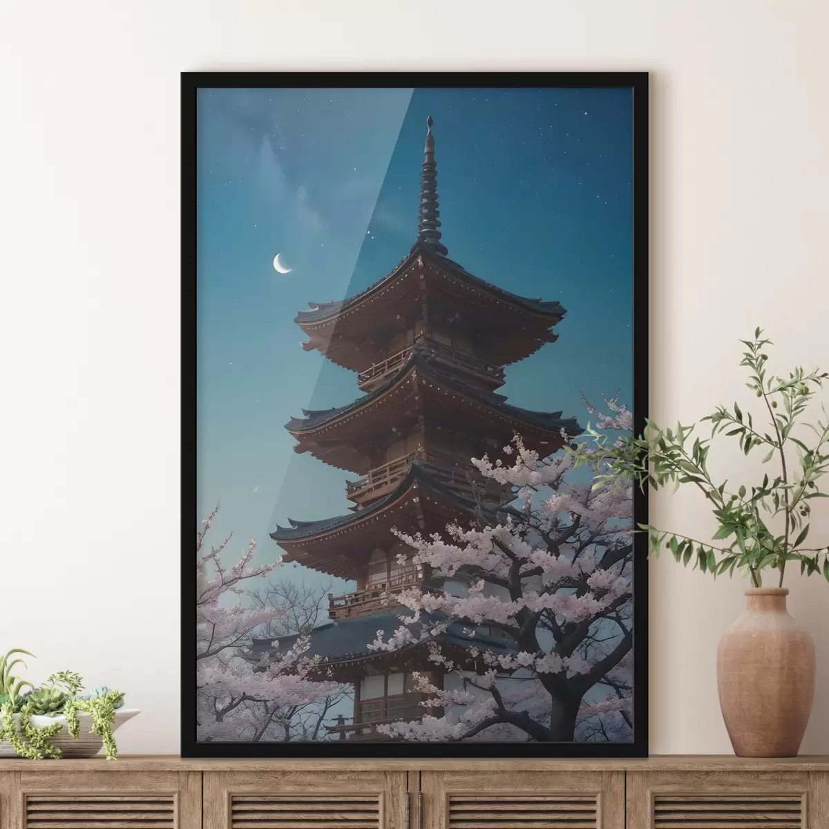 Poster Una pagoda tradizionale giapponese con una luna crescente nel cielo e alberi di ciliegio in fiore f40586