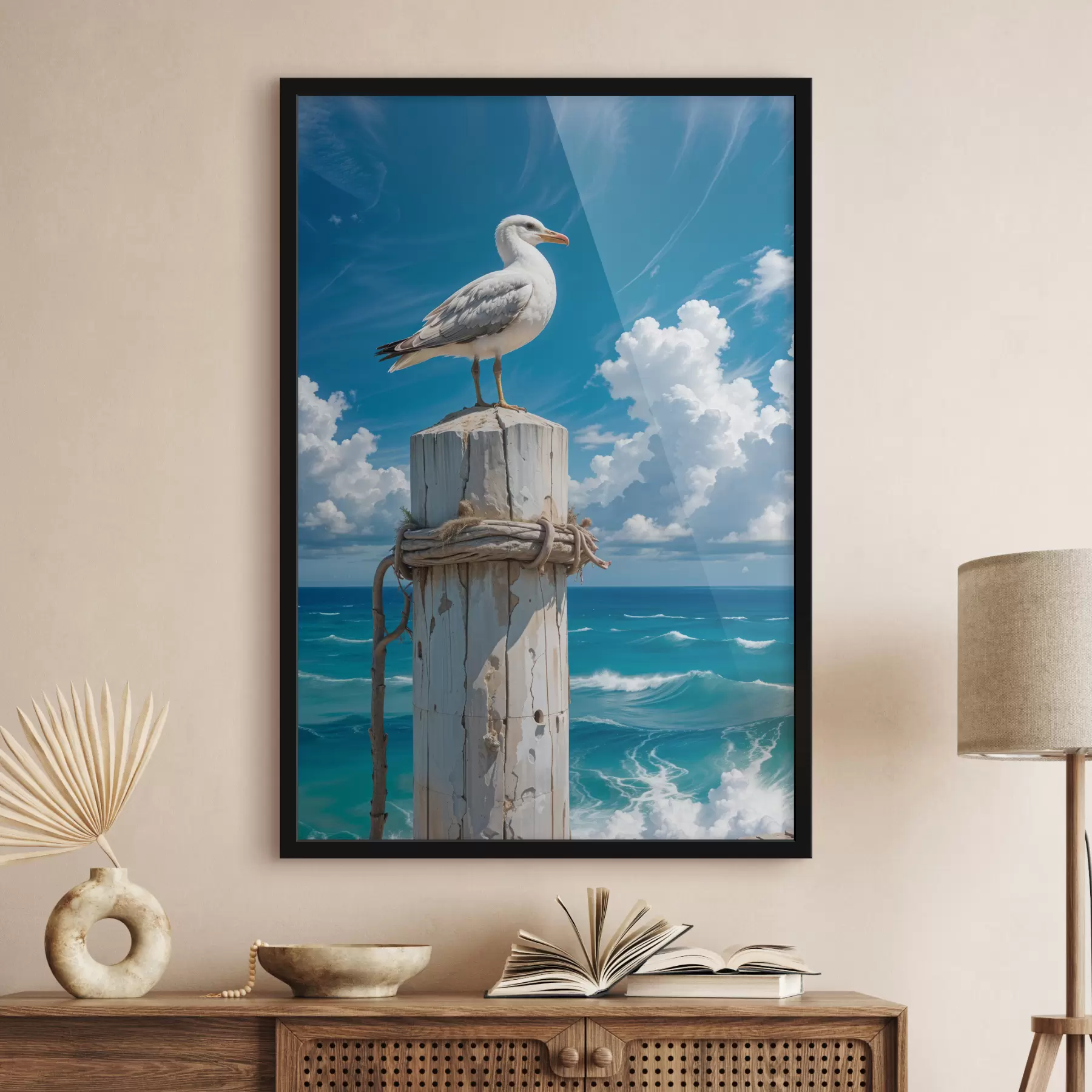 carta da parati Un gabbiano bianco appollaiato su un palo di legno contro un cielo blu brillante e l'oceano con le onde nr. f40590