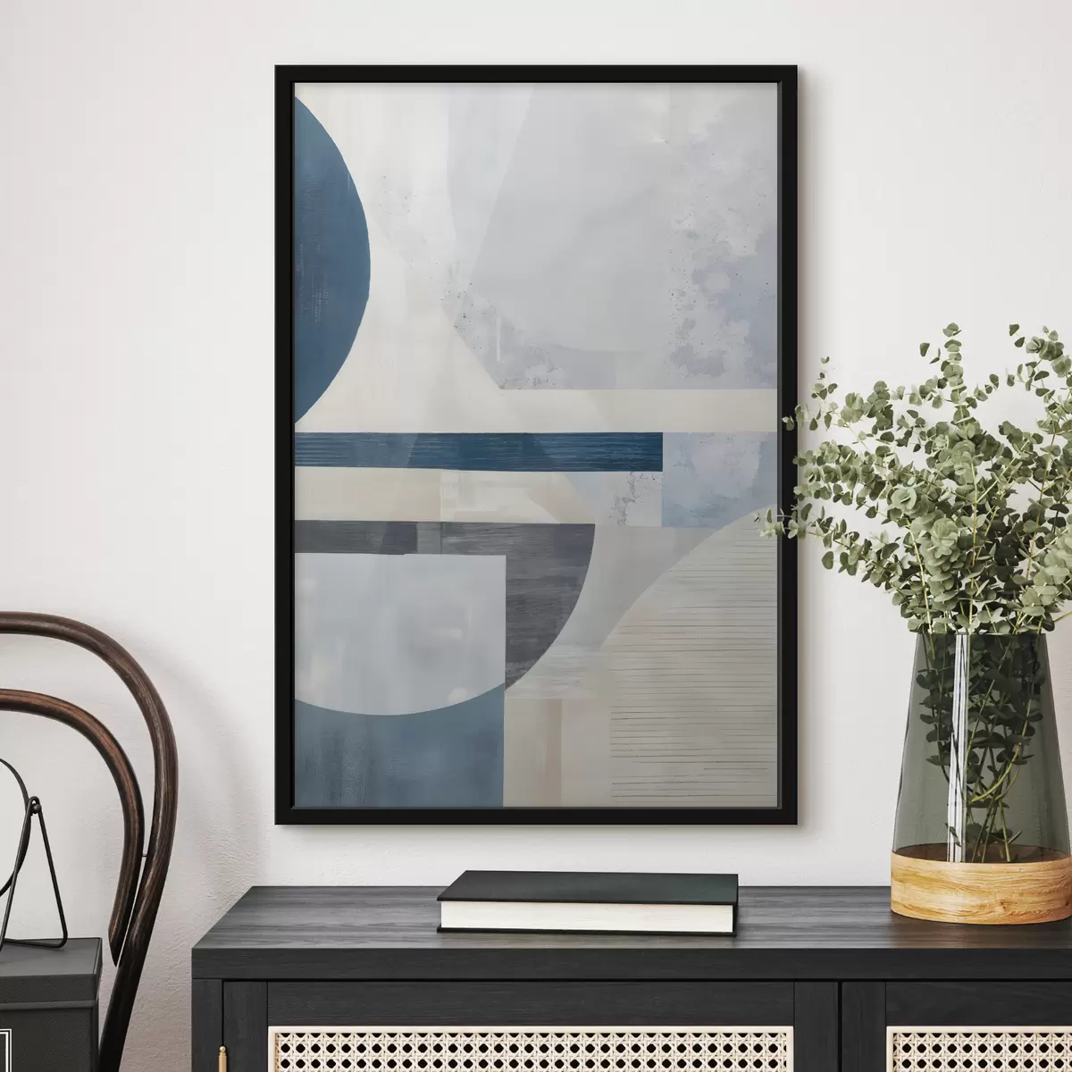 Poster Un'astrazione minimalista con forme geometriche e texture nei toni del blu, del grigio e del bianco f40596