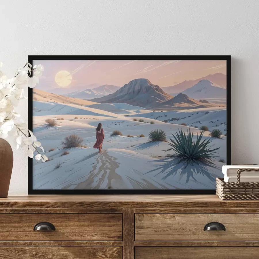 carta da parati Una donna in abito rosso in un paesaggio desertico con una montagna sullo sfondo e dune di sabbia nr. f40603