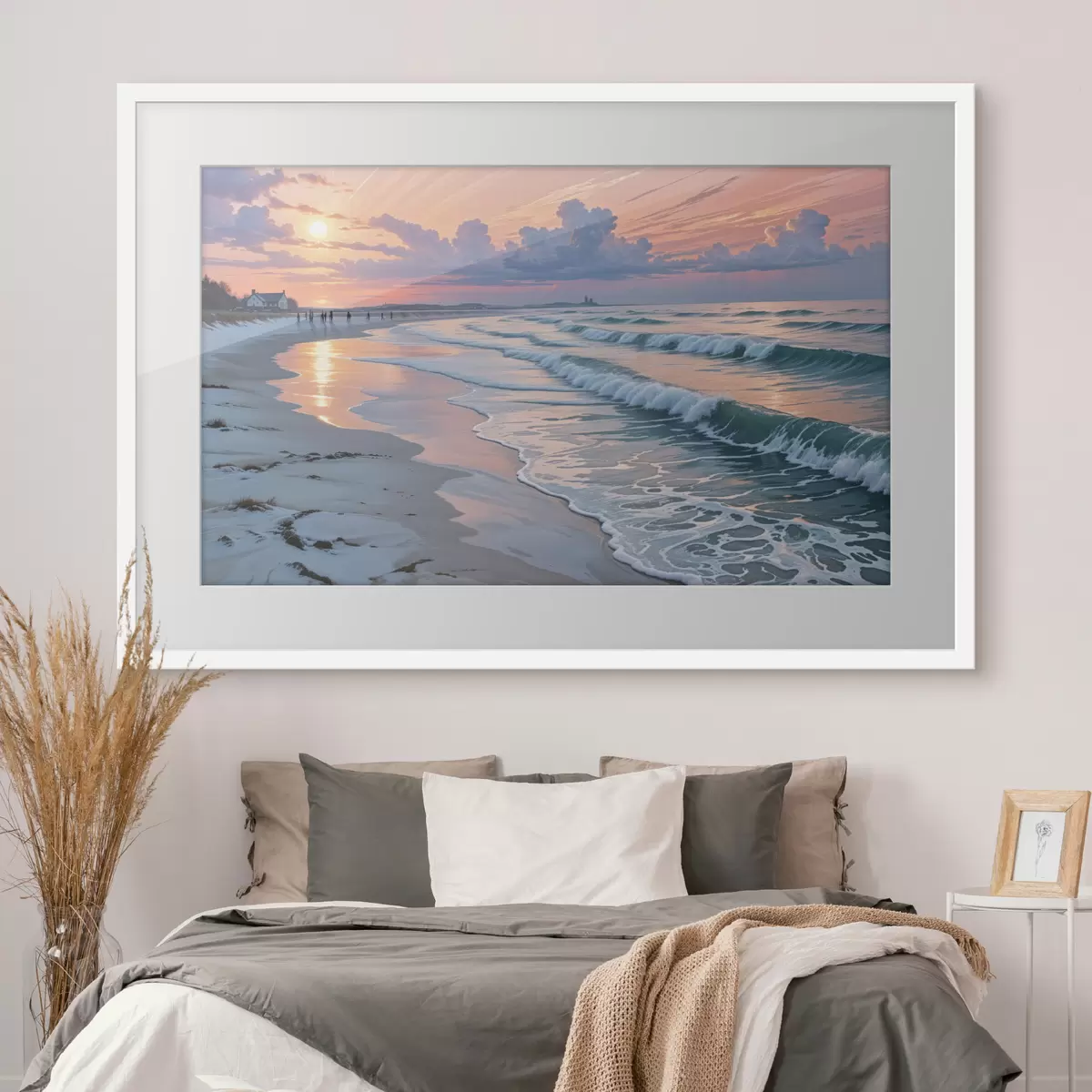 Poster Una serena scena di spiaggia al tramonto, con le dolci onde che lambiscono l'arenile f40606