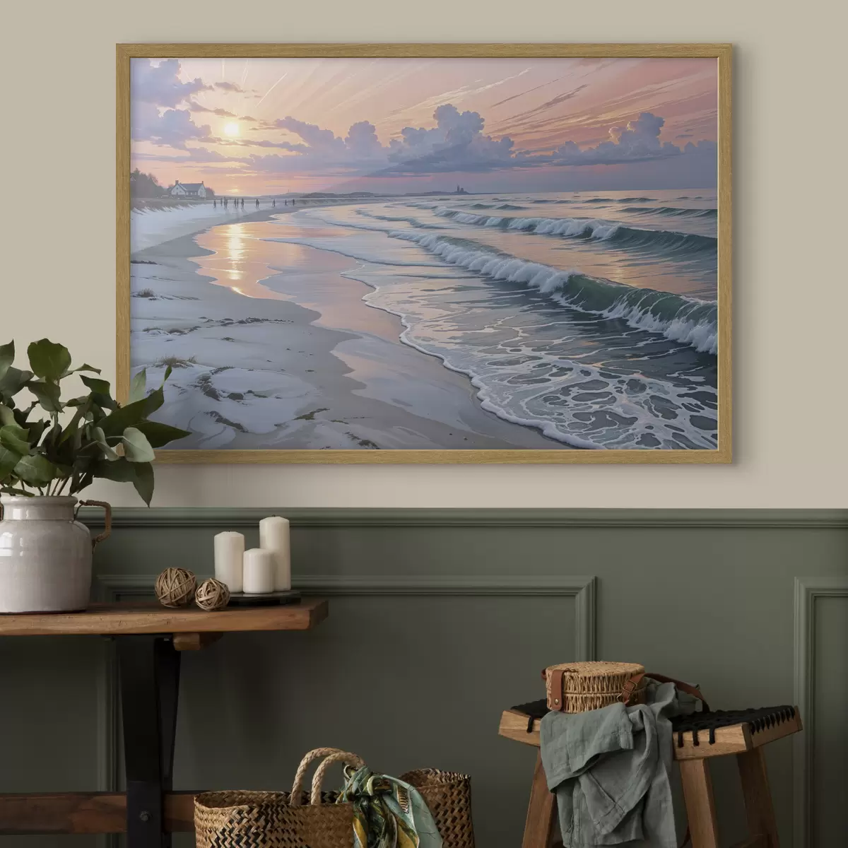 Poster Una serena scena di spiaggia al tramonto, con le dolci onde che lambiscono l'arenile f40606