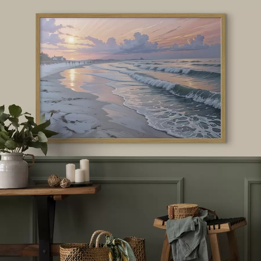carta da parati Una serena scena di spiaggia al tramonto, con le dolci onde che lambiscono l'arenile nr. f40606