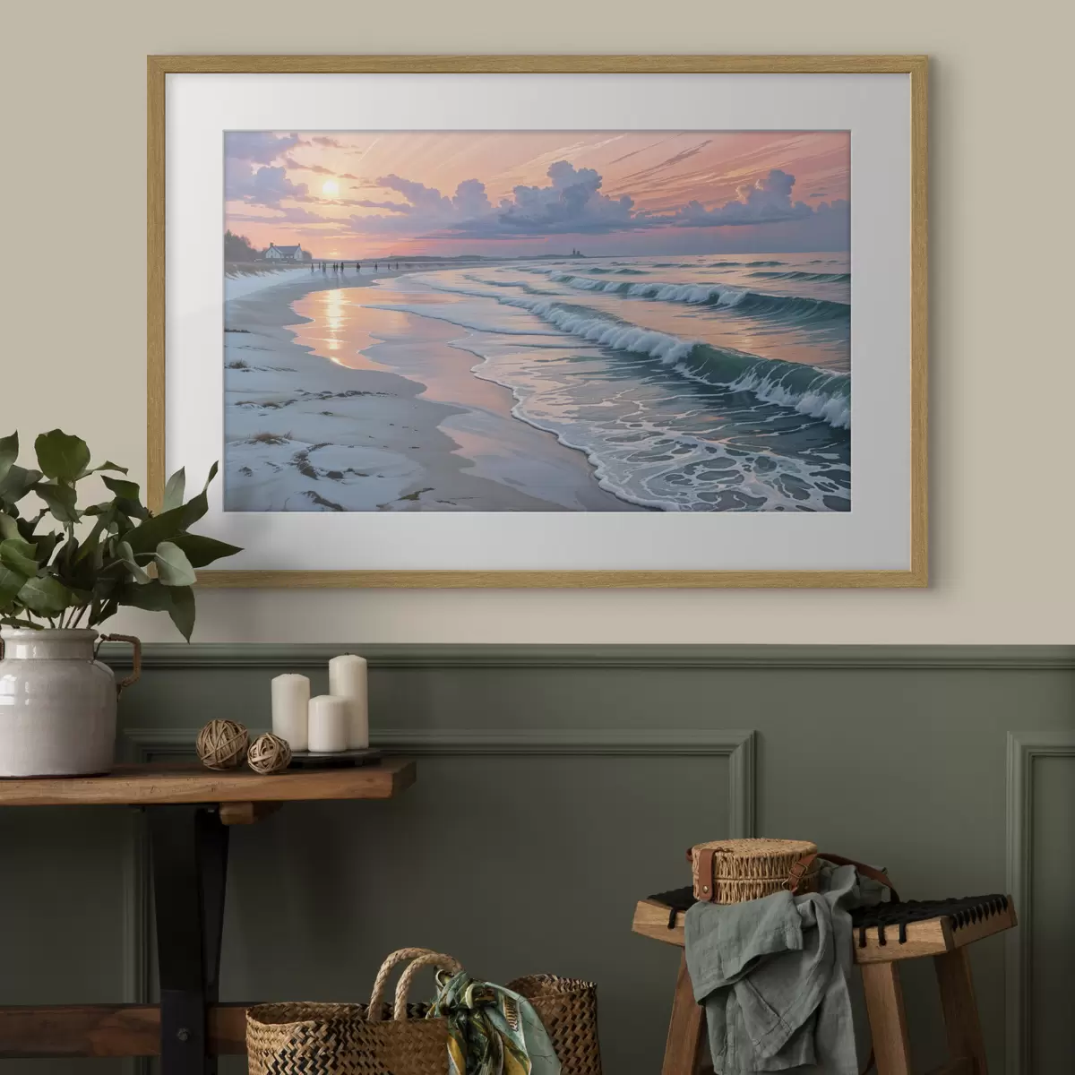 Poster Una serena scena di spiaggia al tramonto, con le dolci onde che lambiscono l'arenile f40606