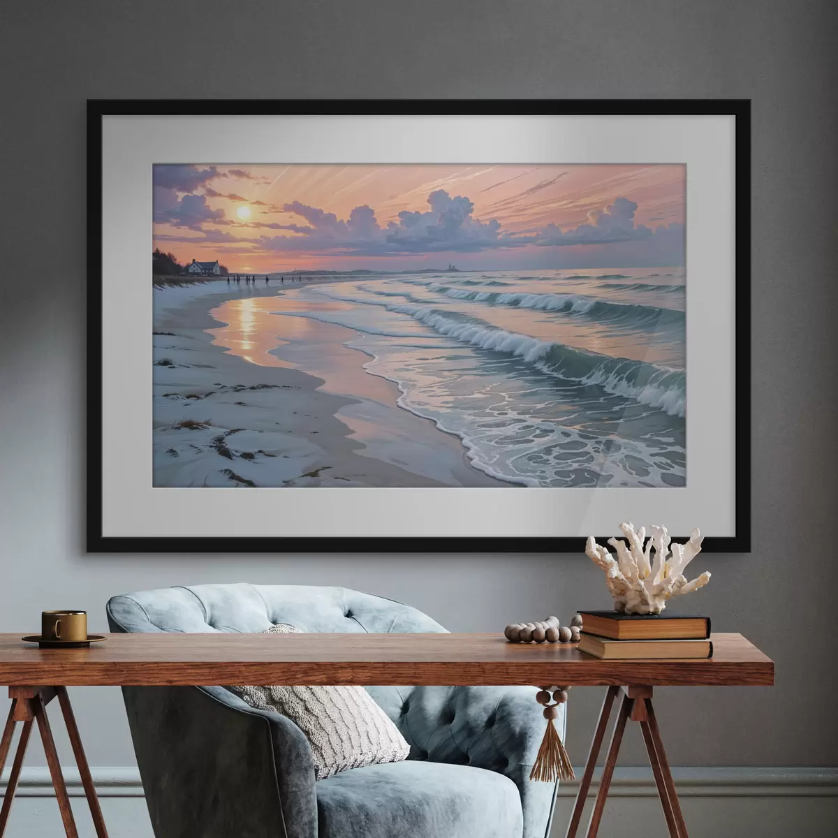 Poster Una serena scena di spiaggia al tramonto, con le dolci onde che lambiscono l'arenile f40606