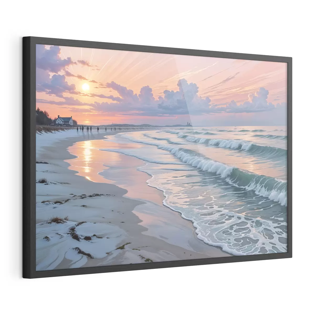 Poster Una serena scena di spiaggia al tramonto, con le dolci onde che lambiscono l'arenile f40606