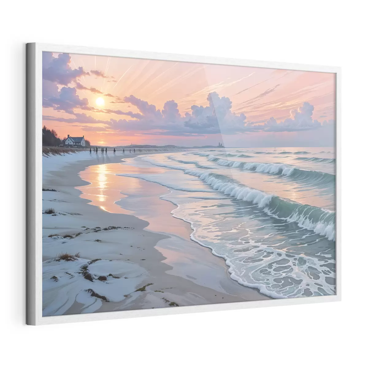 Poster Una serena scena di spiaggia al tramonto, con le dolci onde che lambiscono l'arenile f40606