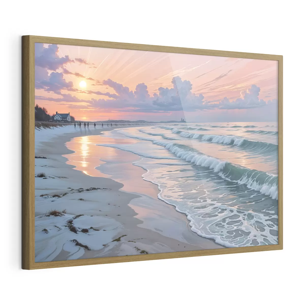 Poster Una serena scena di spiaggia al tramonto, con le dolci onde che lambiscono l'arenile f40606