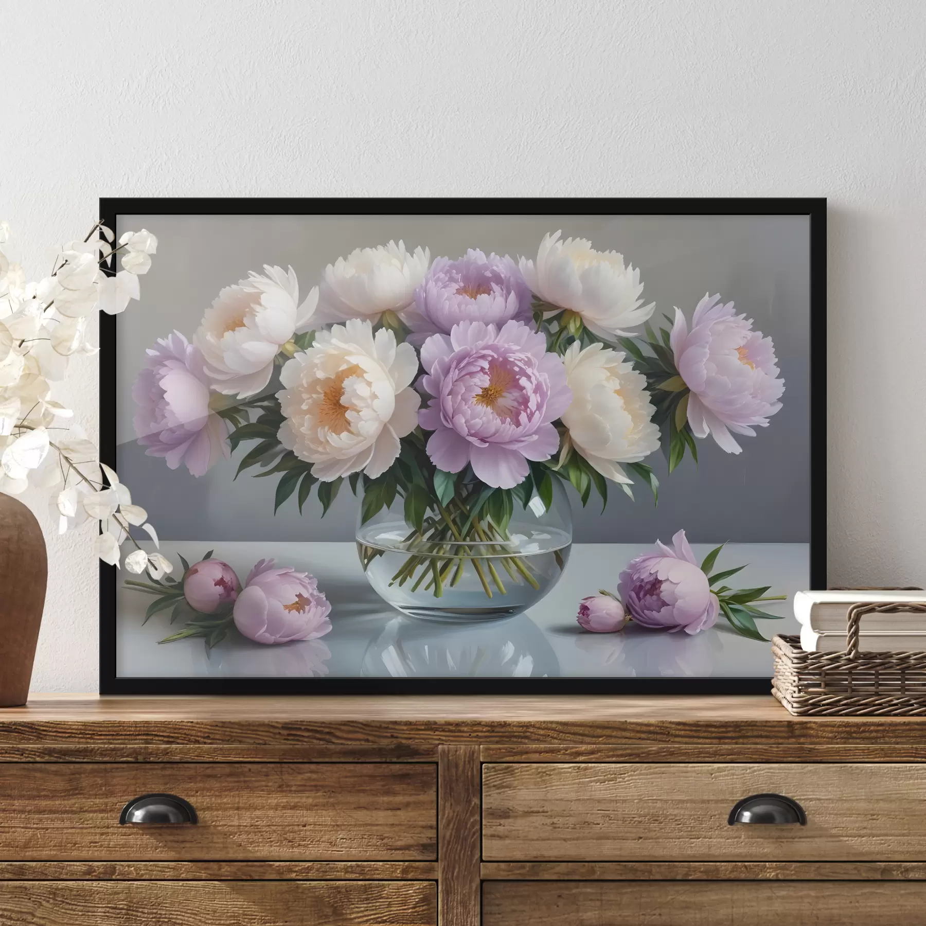 carta da parati Un bouquet di grandi e rigogliosi fiori di peonia bianchi e rosa in un vaso di vetro su sfondo grigio nr. f40610