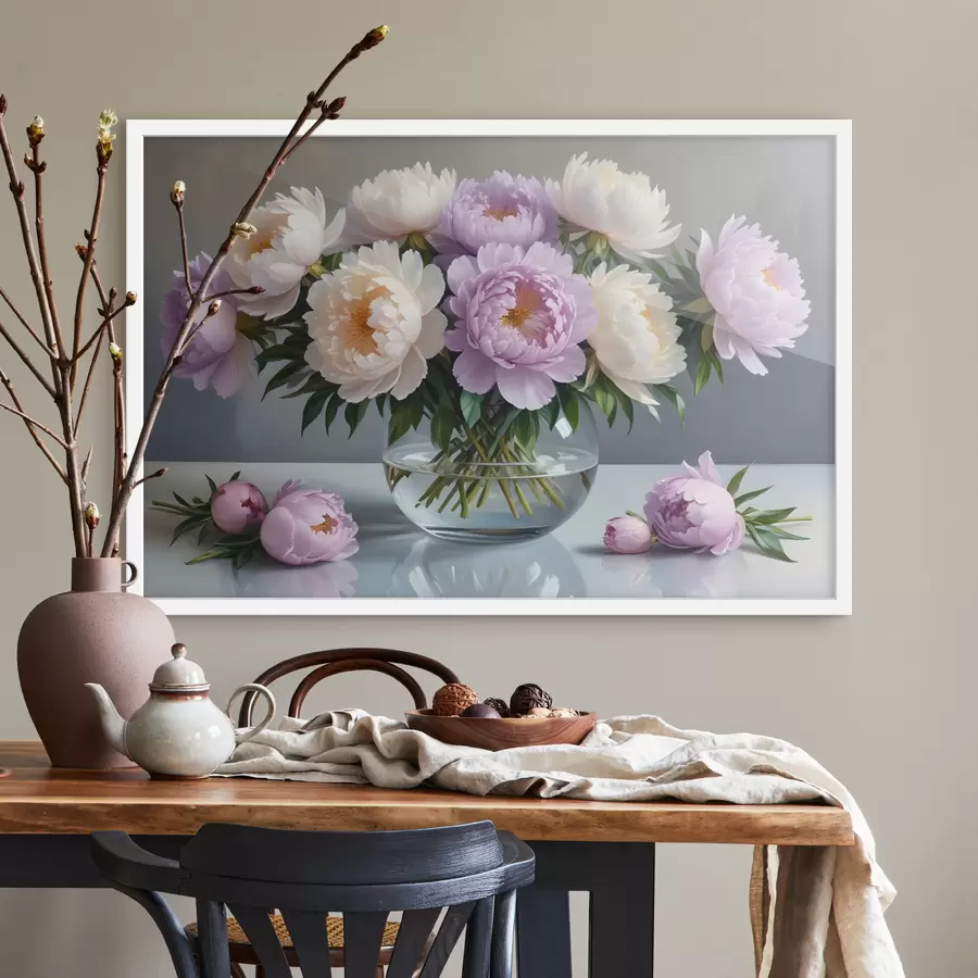 carta da parati Un bouquet di grandi e rigogliosi fiori di peonia bianchi e rosa in un vaso di vetro su sfondo grigio nr. f40610