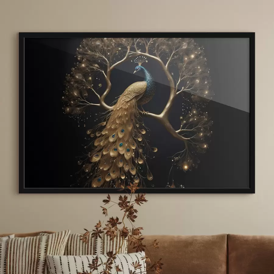 carta da parati Un pavone dalle vivaci piume appollaiato su un ramo su uno sfondo scuro con alberi luminosi nr. f40612