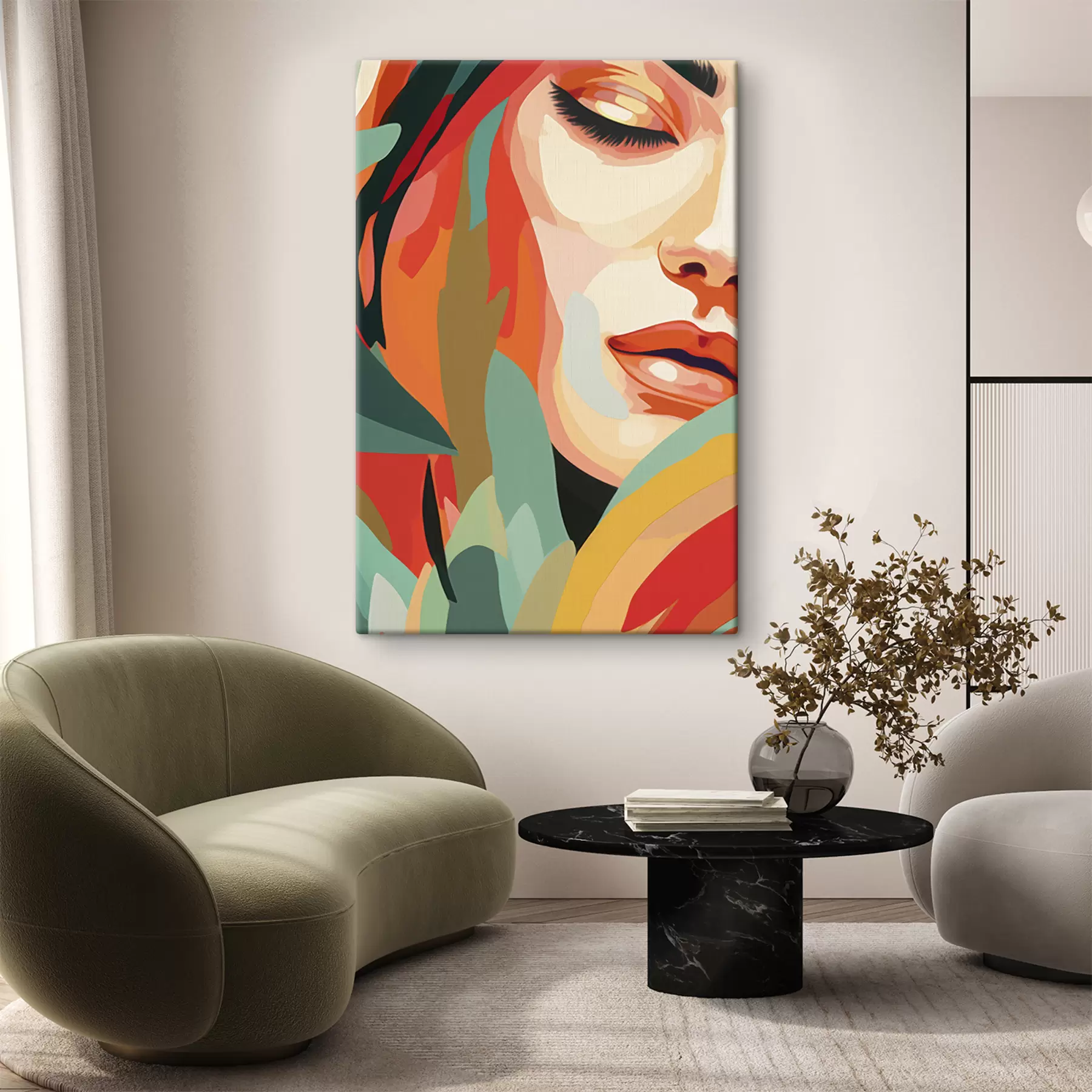 carta da parati Bel volto di donna, astrazione geometrica, floreale, disegno acrilico nr. s40815